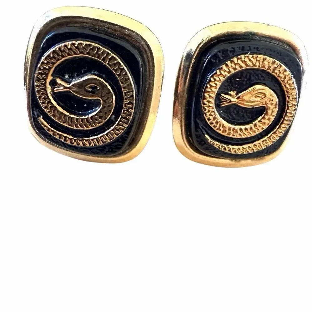 Gold Tone Black Enamel Snake Cufflinks Vintage